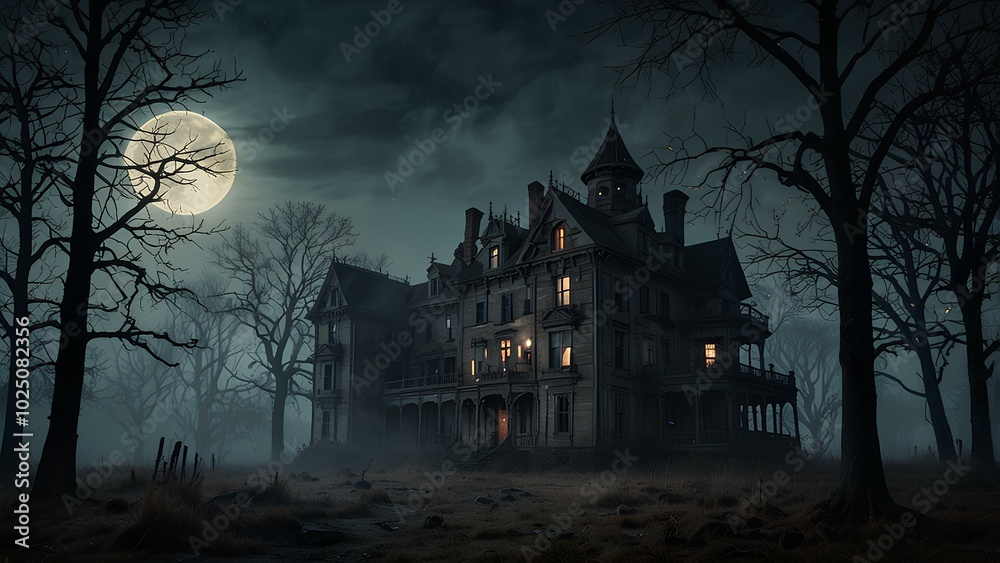 Foggy Night Around a Haunted Mansion with Dead Trees and Full Moon Foggy Night Around a Haunted Mansion with Dead Trees and Full Moon