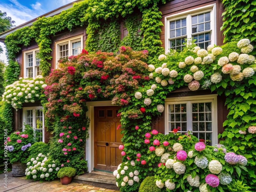 Climbing Hydrangea Vines Gracefully Adorning a Charming House Exterior in Lush Greenery and Vibrant Blooms Climbing Hydrangea Vines Gracefully Adorning a Charming House Exterior in Lush Greenery and Vibrant Blooms