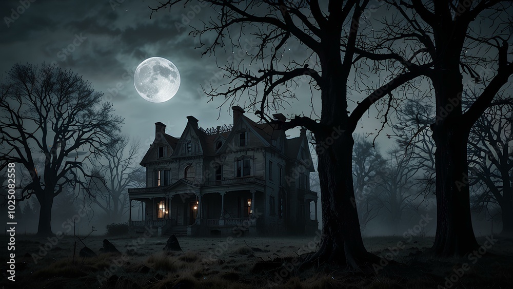 Foggy Night Around a Haunted Mansion with Dead Trees and Full Moon Foggy Night Around a Haunted Mansion with Dead Trees and Full Moon
