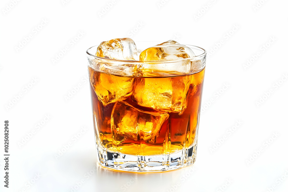 Classic whiskey cocktail with ice, served on a white background Classic whiskey cocktail with ice, served on a white background