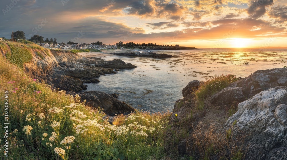 A panoramic view of a coastal town at sunset, with rocky cliffs, wildflowers, and a sparkling ocean. A panoramic view of a coastal town at sunset, with rocky cliffs, wildflowers, and a sparkling ocean.