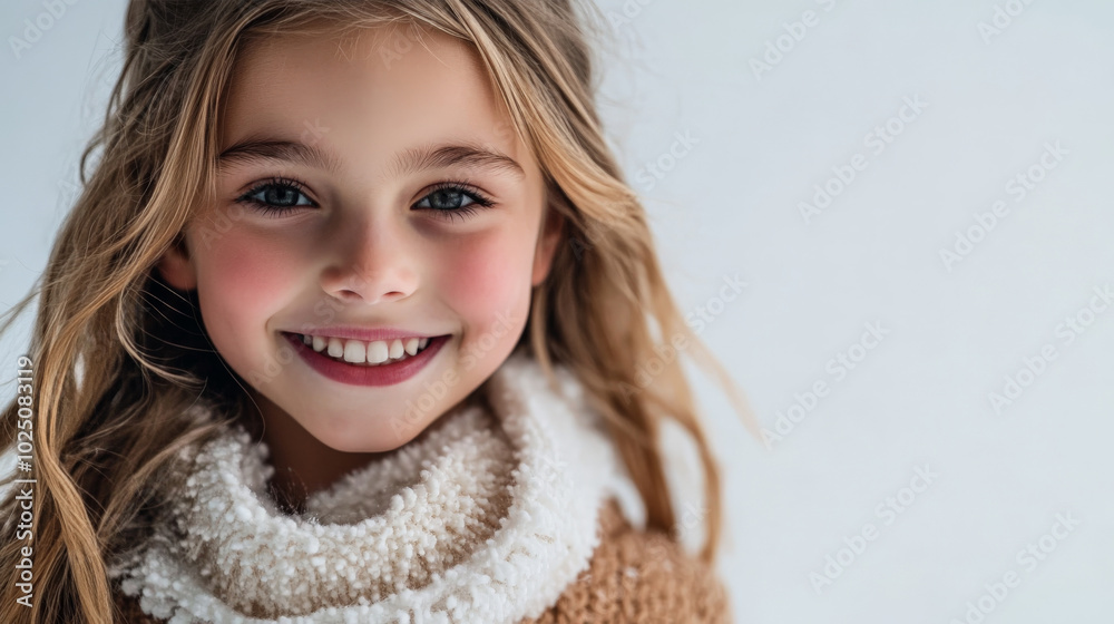 Smiling girl in warm winter clothing, cozy scarf Smiling girl in warm winter clothing, cozy scarf