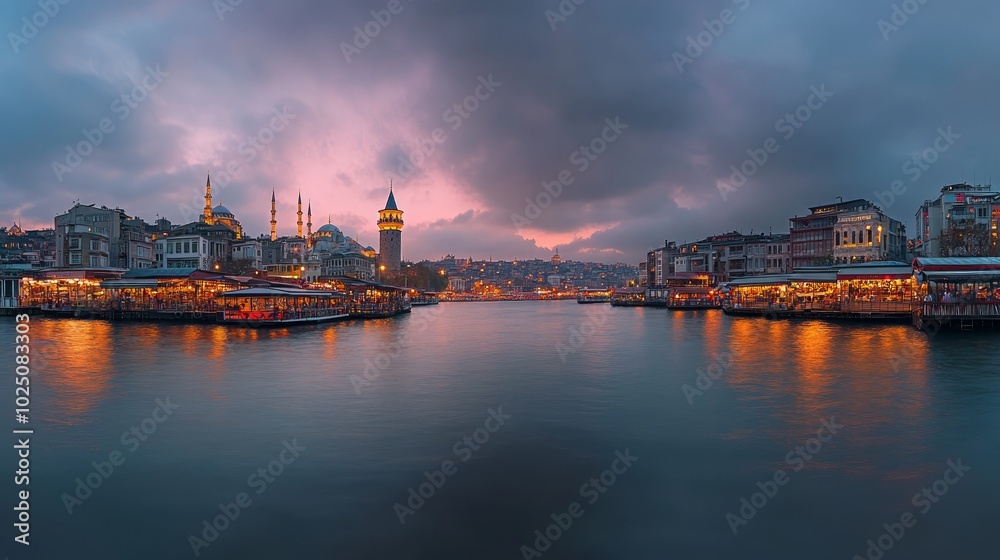 Fototapeta premium A panoramic view of Istanbul's cityscape at sunset, with the Galata Tower and the Golden Horn in the foreground.