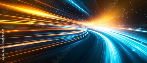 Light-speed background with blue and yellow rays high-speed streaks for a motion blur effect on a dark backdrop