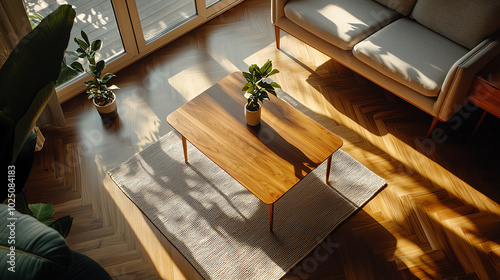 A top view of a midcentury modern living room with vintagestyle furniture, geometric patterns, and wooden accents