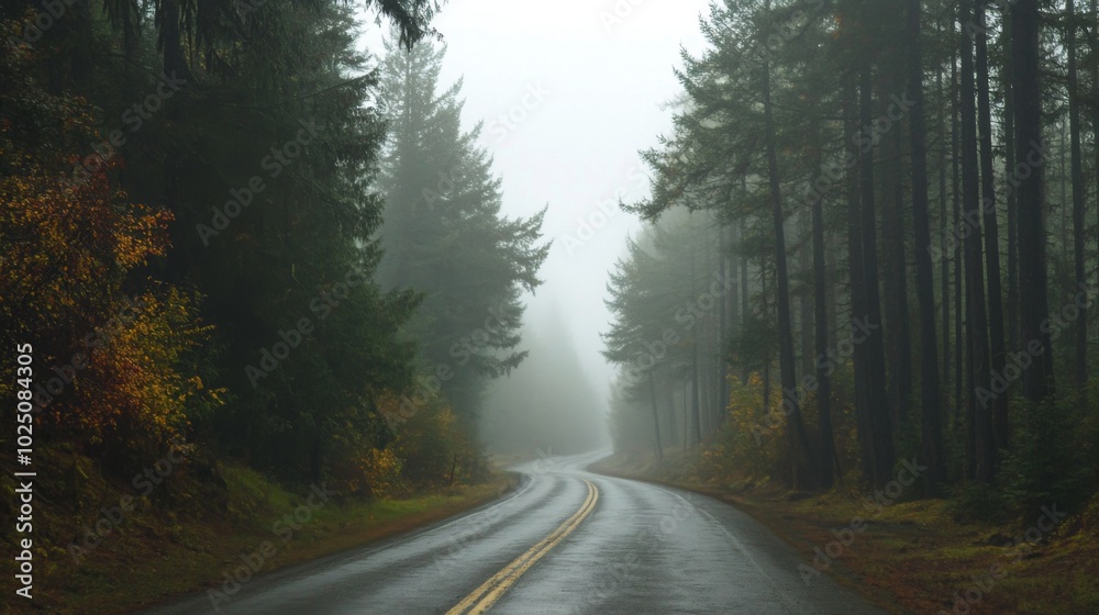 Obraz premium Winding Road Through a Foggy Forest