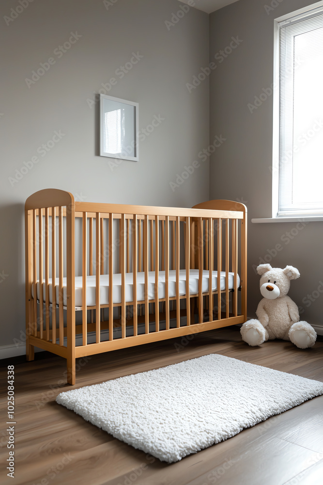 A side view of a baby s nursery with a crib, changing table, and soft animalthemed decor A side view of a baby s nursery with a crib, changing table, and soft animalthemed decor