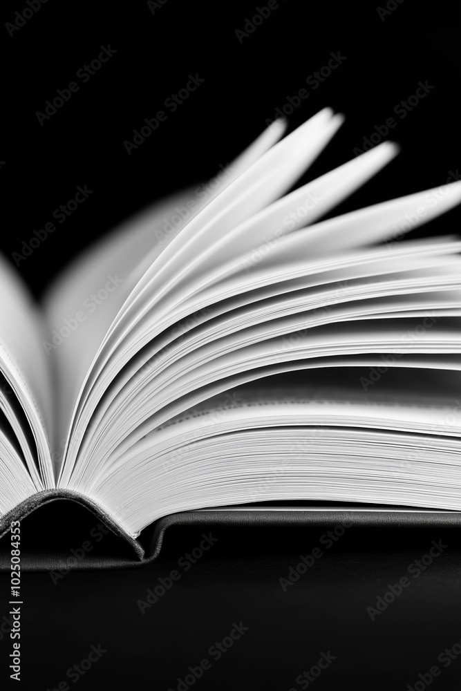 Fototapeta premium An open book with pages fanned out on a black surface during a quiet evening
