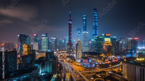 A panoramic view of the Shanghai skyline at night, with the iconic Oriental Pearl Tower and skyscrapers illuminated by bright lights.