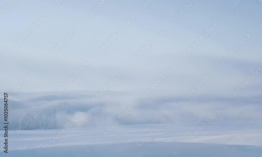 Snowy landscape with fog  trees  and blue sky.