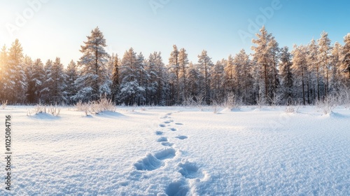 A path of footprints leads through a snowy forest, with a bright blue sky and sun shining through the trees.