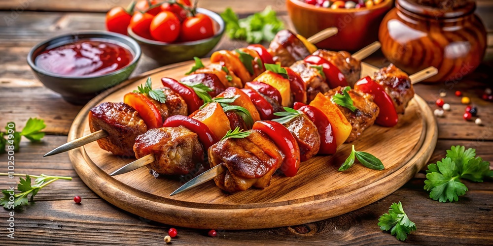 Closeup of Delicious Meat Skewers on a Wooden Table with Ketchup for Perfect Grilling and Barbecue Moments Closeup of Delicious Meat Skewers on a Wooden Table with Ketchup for Perfect Grilling and Barbecue Moments