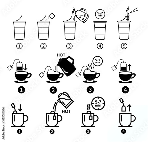 how to make tea and instant noodles step by step guideline icon set (solid fill) for mockup. silhouette eps icons for commercial purpose. vector guideline icons for packaging, mockup, product etc. 