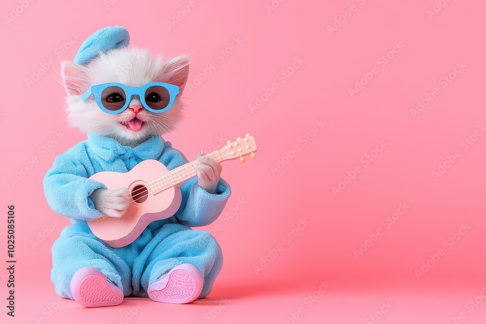 Obraz premium Cute cat character playing guitar, pink background.