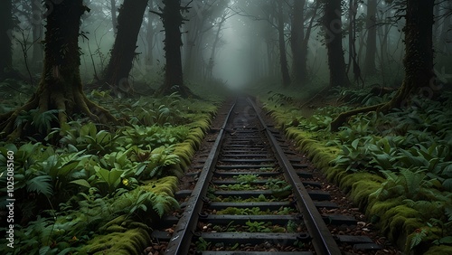 Forgotten Railway Tracks Lost in Greenery: Serene and Eerie Overgrown Path in the Mist photo