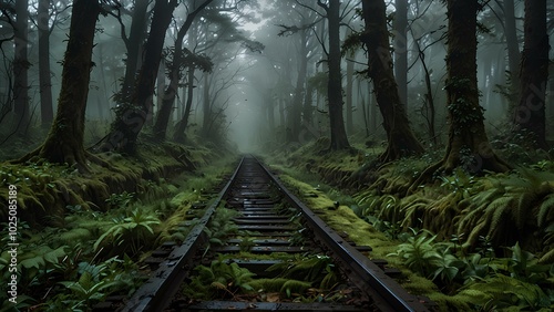 Forgotten Railway Tracks Lost in Greenery: Serene and Eerie Overgrown Path in the Mist photo