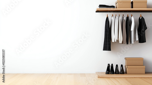 A side view of a small closet with a mix of hanging clothes, shoes, and boxes stored neatly
