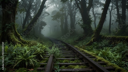 Forgotten Railway Tracks Lost in Greenery: Serene and Eerie Overgrown Path in the Mist photo