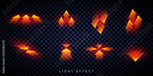 Glowing arrow pack. 3D neon arrow pointers. Red light effect. UI, gaming and infographic design element.