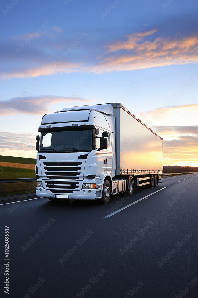 White delivery truck traveling on the highway at dusk under a colorful sky