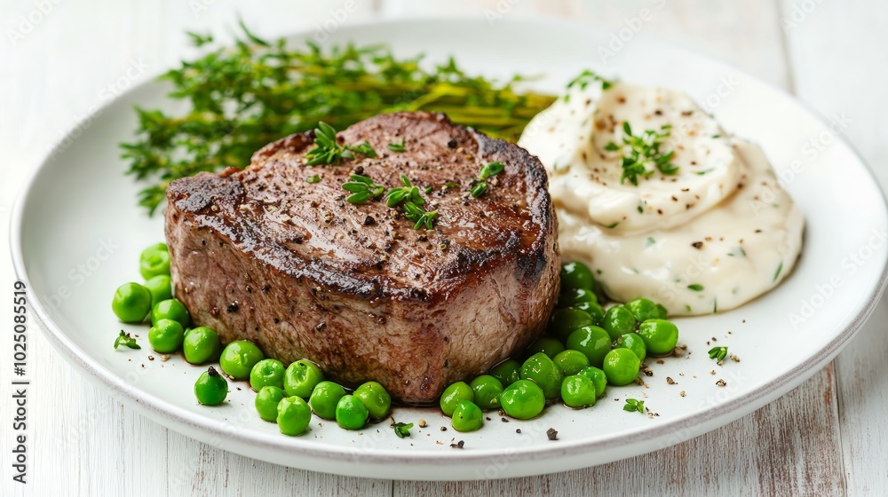 A perfectly seared steak with mashed potatoes, green peas, and thyme sprigs. A perfectly seared steak with mashed potatoes, green peas, and thyme sprigs.