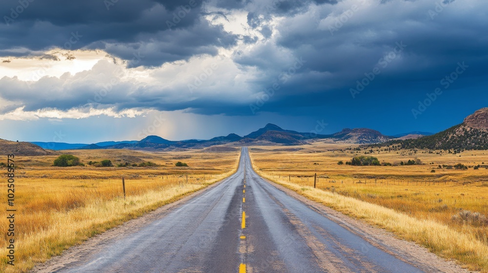A Straight Road Leading Through a Grassy Field With Dramatic Storm Clouds Above and Mountains in the Distance A Straight Road Leading Through a Grassy Field With Dramatic Storm Clouds Above and Mountains in the Distance