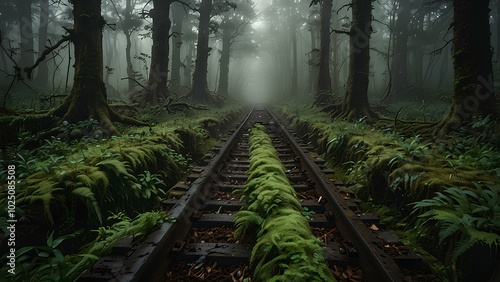 Forgotten Railway Tracks Lost in Greenery: Serene and Eerie Overgrown Path in the Mist photo