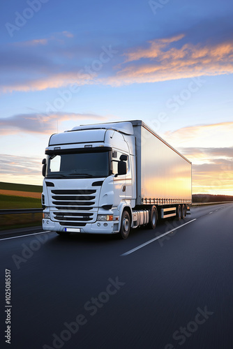 White delivery truck traveling on the highway at dusk under a colorful sky