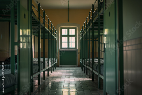 Spacious empty military barracks with organized beds