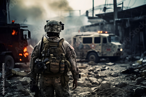 photo of a medic in a war zone, man in a war zone photo