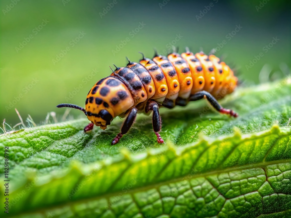 Close-up of Ladybird Larvae on Green Leaf in Natural Habitat, Macro Photography of Insect Life Close-up of Ladybird Larvae on Green Leaf in Natural Habitat, Macro Photography of Insect Life
