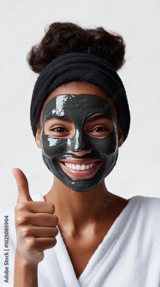 Woman with black charcoal face mask giving thumbs up Woman with black charcoal face mask giving thumbs up