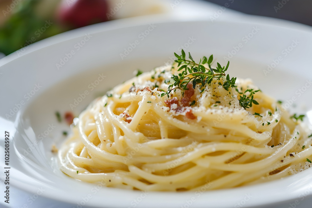 Creamy spaghetti carbonara, garnished with fresh herbs Creamy spaghetti carbonara, garnished with fresh herbs
