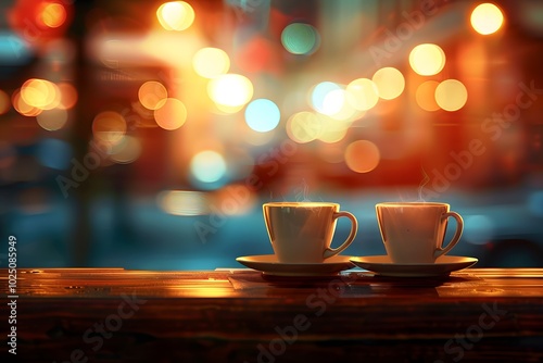 Cozy Evening Vibes with Steaming Coffee Cups Against a Blurry City Background