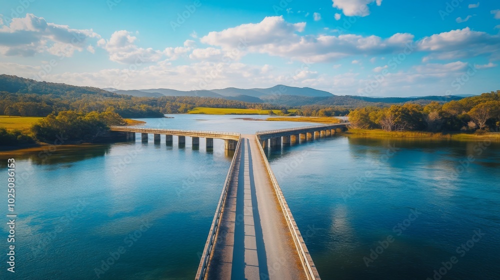 Bridge Over River Forking Into Two Channels, Surrounded by Lush Foliage and Hills Under a Blue Sky Bridge Over River Forking Into Two Channels, Surrounded by Lush Foliage and Hills Under a Blue Sky