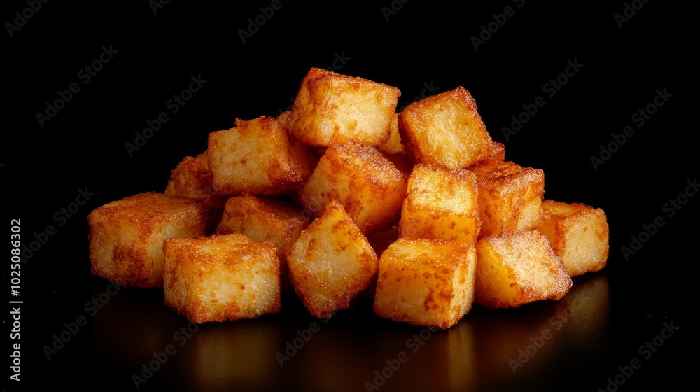 A pile of crispy golden brown potato cubes on a black background. A pile of crispy golden brown potato cubes on a black background.