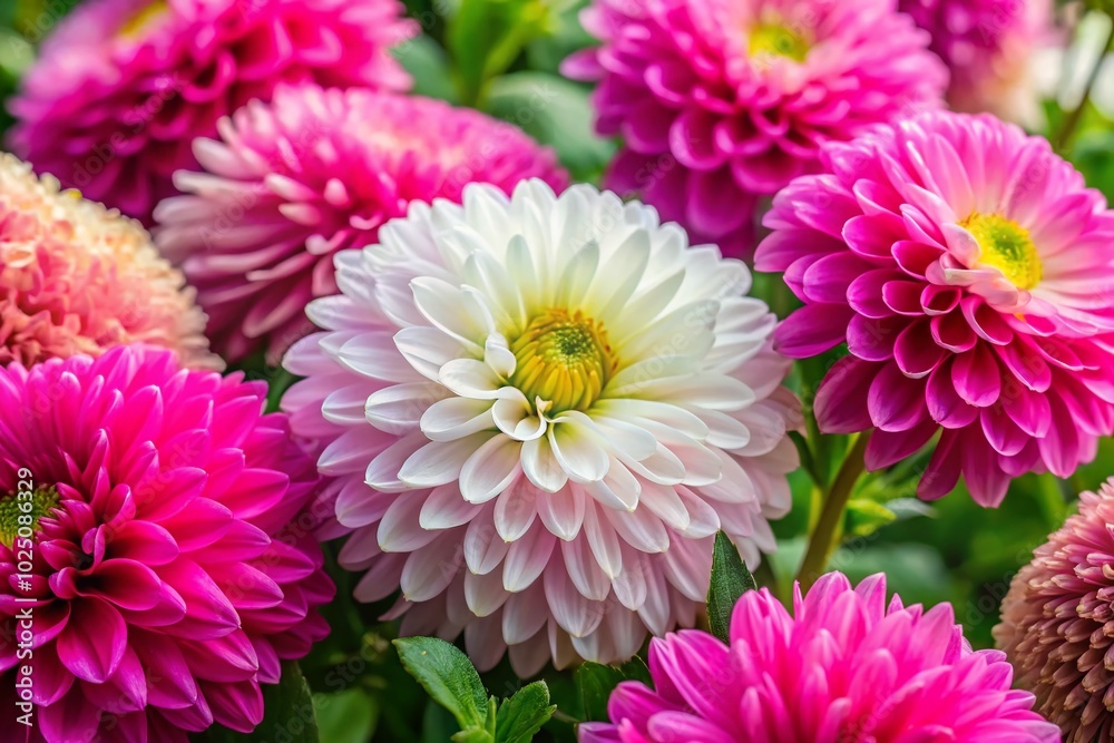 Closeup of Pink and White Flowers with Fluffy Petals and Green Leaves - Perfect for Nature and Floral Closeup of Pink and White Flowers with Fluffy Petals and Green Leaves - Perfect for Nature and Floral