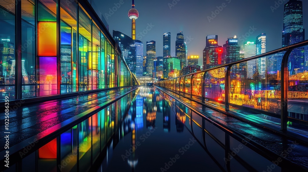 Fototapeta premium A vibrant city scene at night, with a glass bridge reflecting the colorful lights of the skyline and the water below
