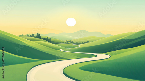 A simple vector illustration of a winding road through rolling green hills, with a bright sun shinin photo