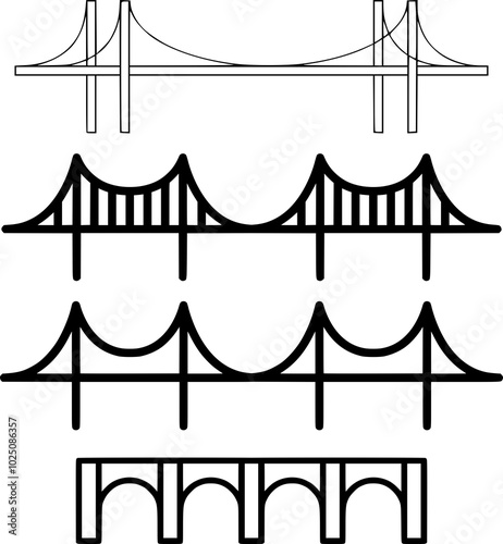 Suspension Bridge Vector Set | Including Bridge, Overpass, Viaduct, Archway, Footbridge, Causeway, Flyover, Span, Pedestrian Bridge, Aqueduct, Pontoon, Toll Bridge, Crossing, Elevated Walkway, Skyway,