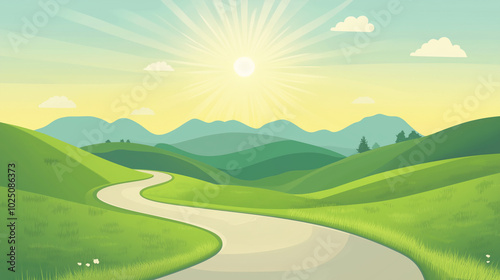 A simple vector illustration of a winding road through rolling green hills, with a bright sun shinin photo