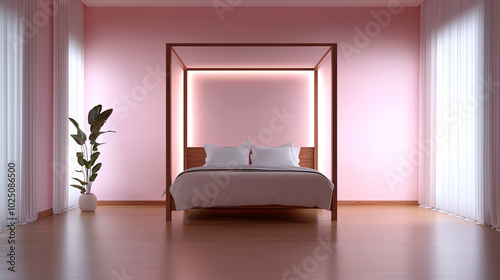 A front view of a romantic bedroom with a fourposter bed, soft pink tones, and delicate drapery around the windows photo