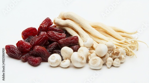 A pile of dried jujubes, ginseng roots, and lotus seeds on a white background. photo