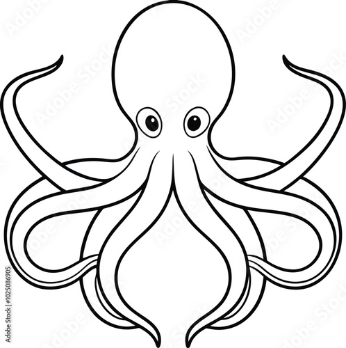 A cute stylish Octopus outline drawing vector. Octopus sea animal continuous line art. Hand drawn corals, seaweeds and shells. Coloring page with cute cartoon octopus.