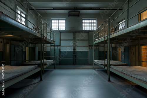 Empty military dormitory with aligned bunk beds