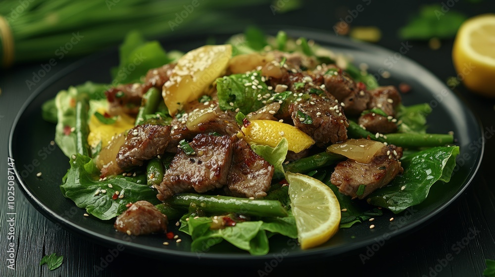 A plate of Asian-inspired beef salad with green beans, lettuce, lemon, and sesame seeds. A plate of Asian-inspired beef salad with green beans, lettuce, lemon, and sesame seeds.