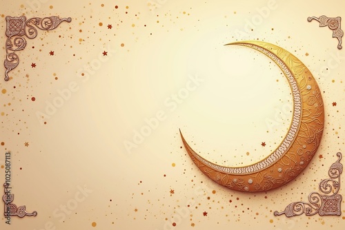 Crescent moon and star in golden hues representing Islamic symbolism with copy space