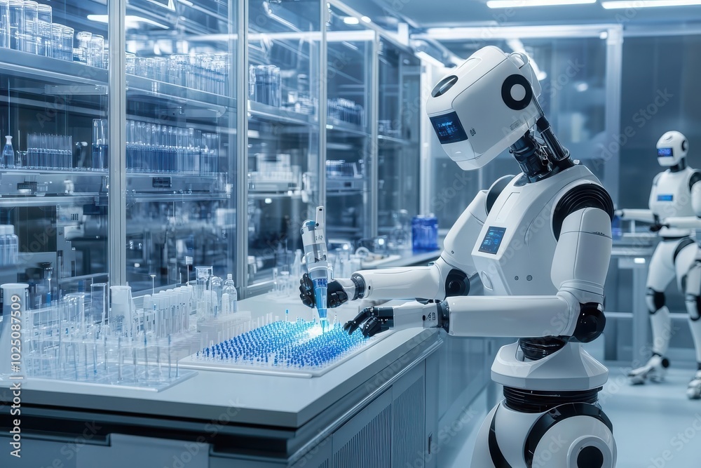 High-tech laboratory with multiple robotic assistants testing new compounds, Drug Discovery, automation, future lab, scientific advancement High-tech laboratory with multiple robotic assistants testing new compounds, Drug Discovery, automation, future lab, scientific advancement