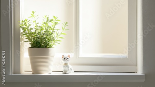 A cozy window scene featuring a potted plant and a decorative cat figurine, enhancing natural light and tranquility.