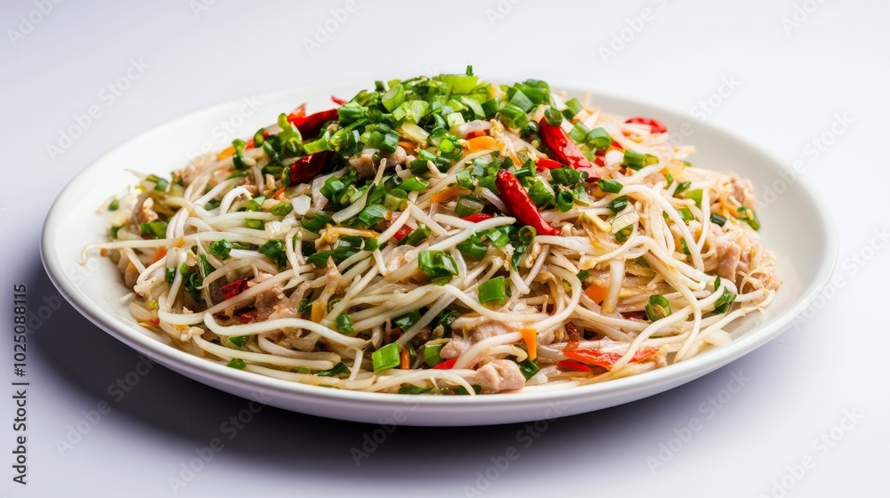 A plate of delicious Chinese noodles with vegetables and spices. A plate of delicious Chinese noodles with vegetables and spices.